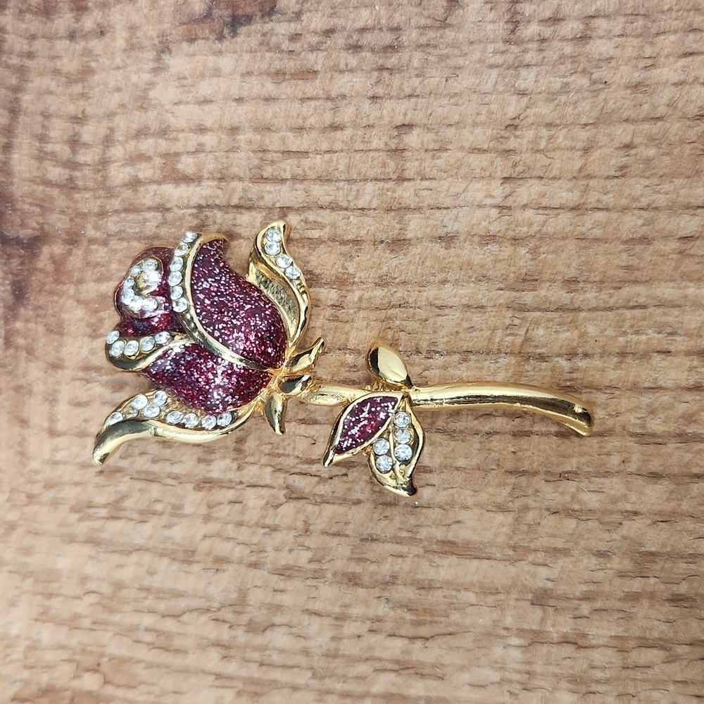 Vintage Brooch Beautiful Gold Tone Rose Flower Rhinestones Large‎